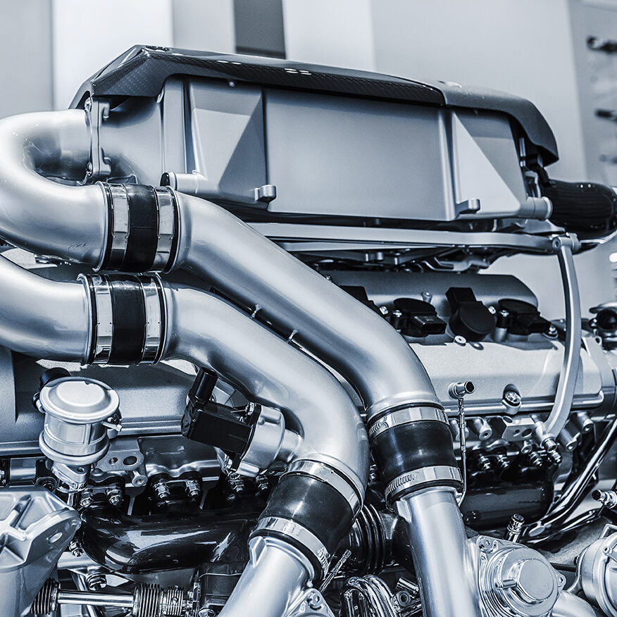 Close-up detail view of the internal combustion engine of a powerful sport car